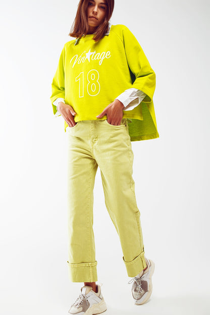 Straight Leg Jeans with Cropped Hem in Lime Green