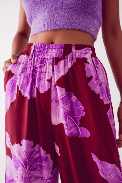 Straight leg pants in fuchsia abstract flower