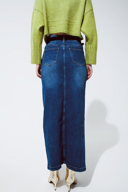 Stretch Denim Maxi Skirt With Slit At The Front In Mid Wash
