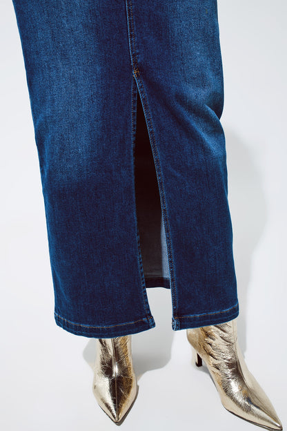 Stretch Denim Maxi Skirt With Slit At The Front In Mid Wash