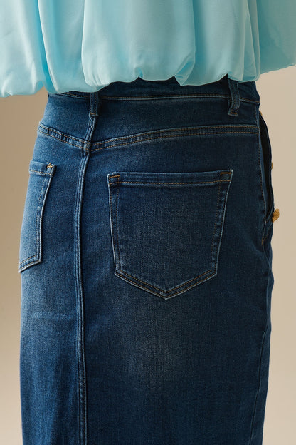 Stretch Denim Midi Skirt With Gold Button Details