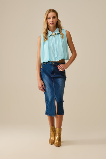 Stretch Denim Midi Skirt With Gold Button Details