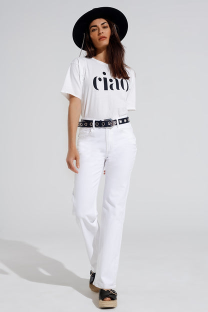 Stretch Denim Straight Jeans With 5 Pockets in White
