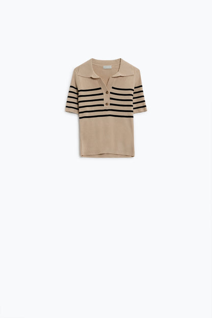Striped polo with button detail in beige