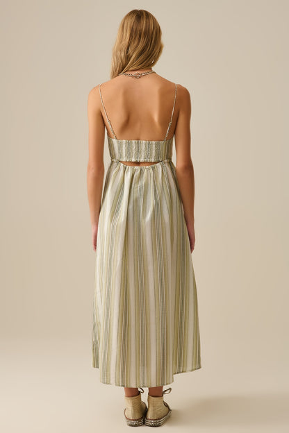 Striped V-Neck Strappy Dress in Green