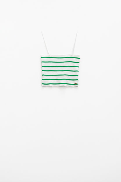 Striped White and Green Top With Square Neckline