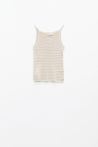 Stripped Ribbed Basic Tank Top In White And Brown