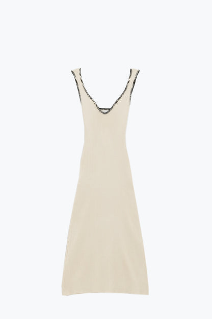 Q2 Summer Body Hugging knitted Dress in beige With black Trim
