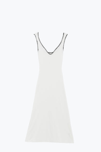 Summer Body Hugging knitted Dress in beige With black Trim