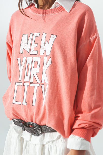 Sweatshirt with New York City text in Coral