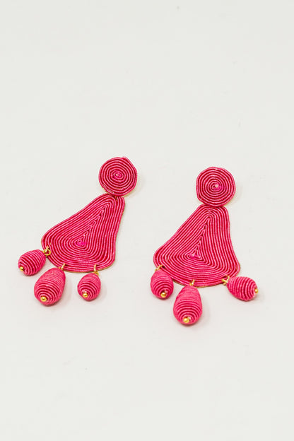 Tear drop Rafia Earrings With Oval Beads In Fuchsia