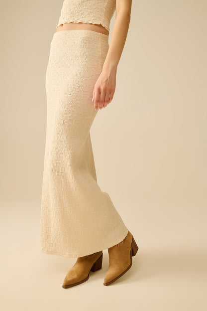 Textured Knitted Maxi Skirt in Beige