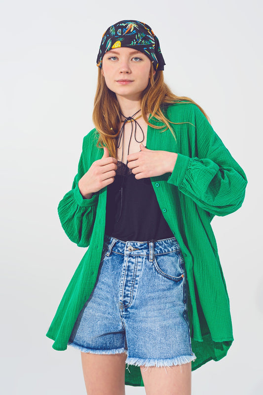 Q2 Oversized Textured Loose Fit Shirt in Green