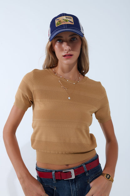 Textured Stripe Knit Sweater in Camel