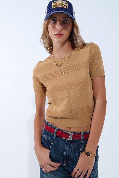 Textured Stripe Knit Sweater in Camel
