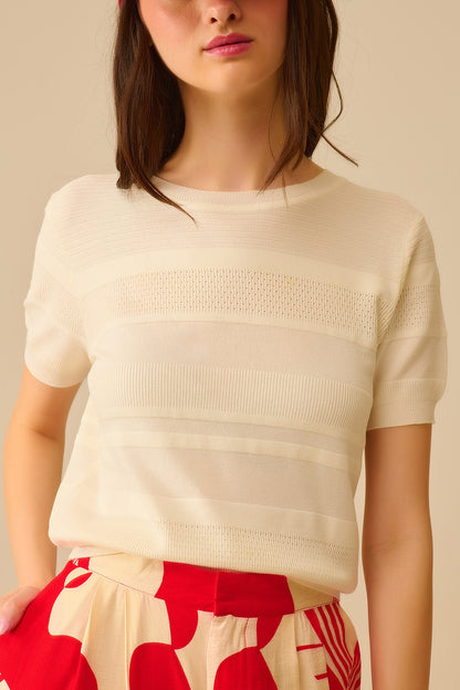 Textured Stripe Knit Sweater in White