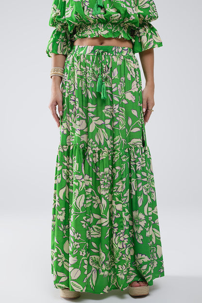 Q2 Tiered Maxi Skirt In Green Floral Print