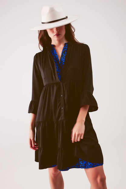 Tiered smock mini dress in black