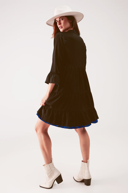 Tiered smock mini dress in black