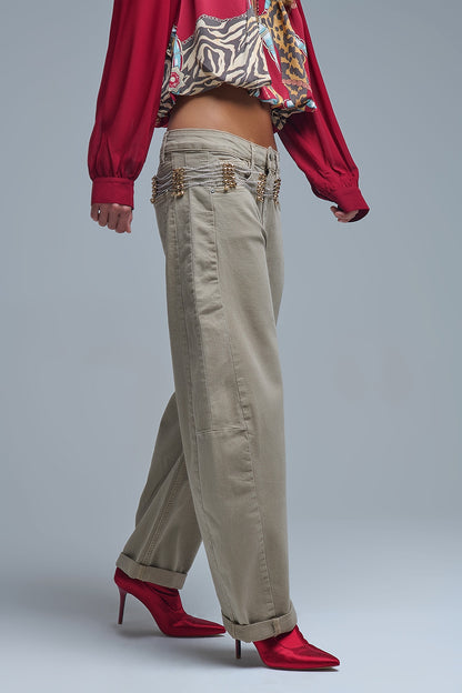 Trendy Beige Barrel Balloon Jeans with Pockets