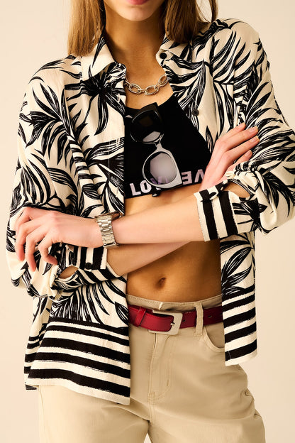 Tropical Motif Relaxed Blouse in Black and White
