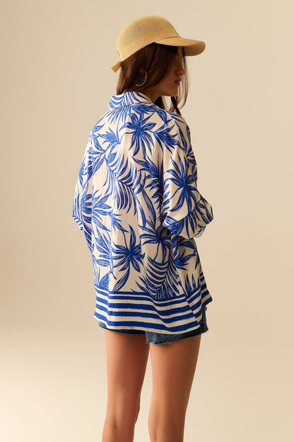Tropical Motif Relaxed Blouse in Blue and White