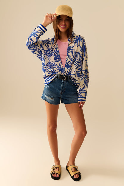 Tropical Motif Relaxed Blouse in Blue and White