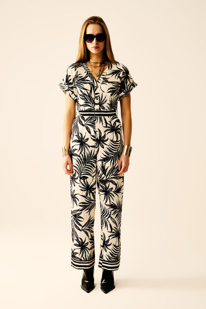 Tropical Motif Short Sleeve Jumpsuit in black and white