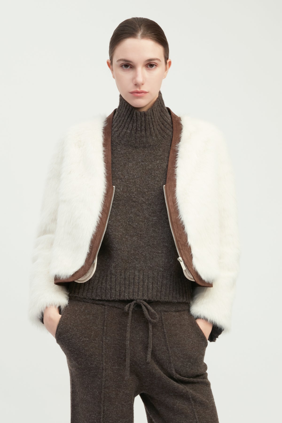 Suede Piped Faux Fur Jacket