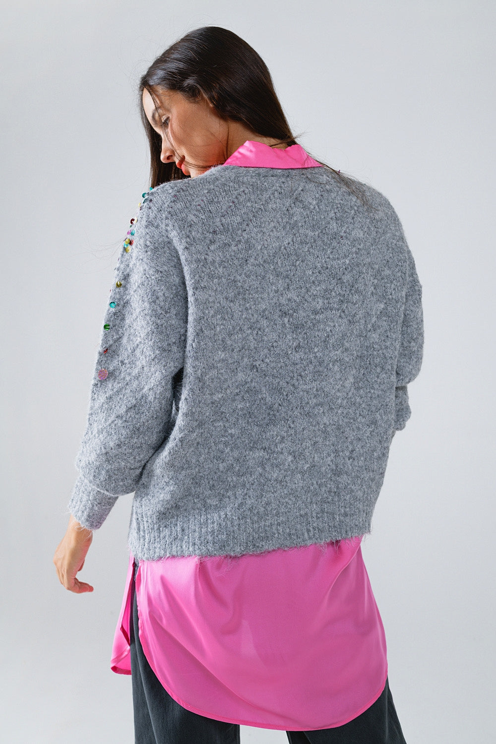 V-neck Cardigan With Multicolor Embroidered Sequin in Gray