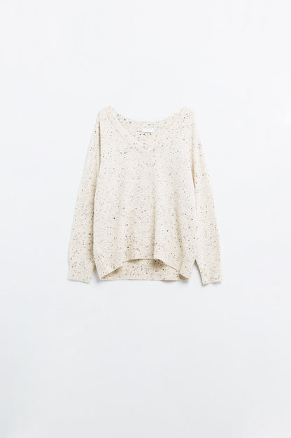 V-neck wide fit Speckled Sweater in Cream