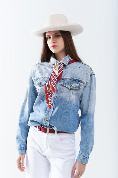 wash Denim overshirt With Chest Pockets And Embroidered strass Details