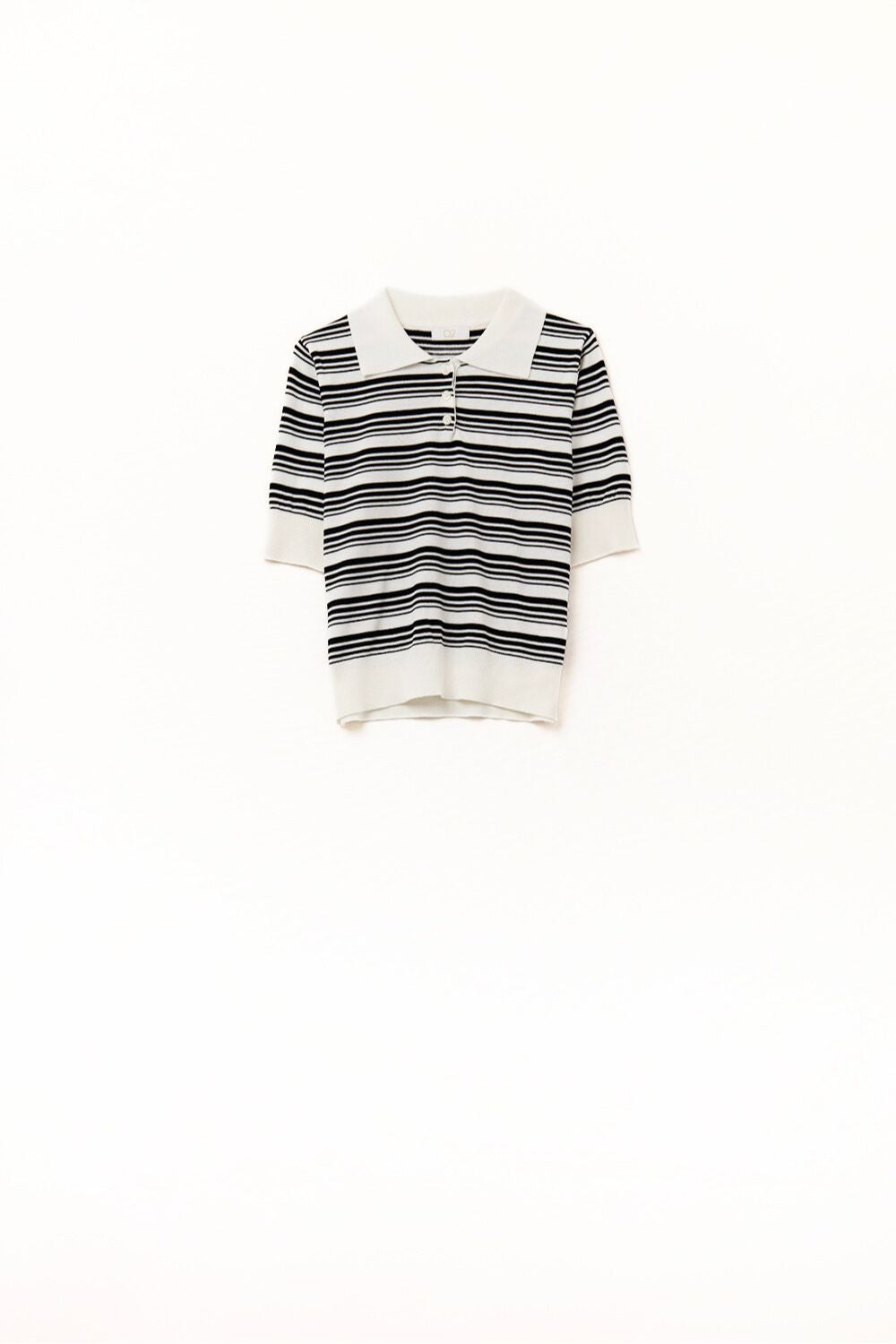 White and Black Striped Sweater With Polo Neck