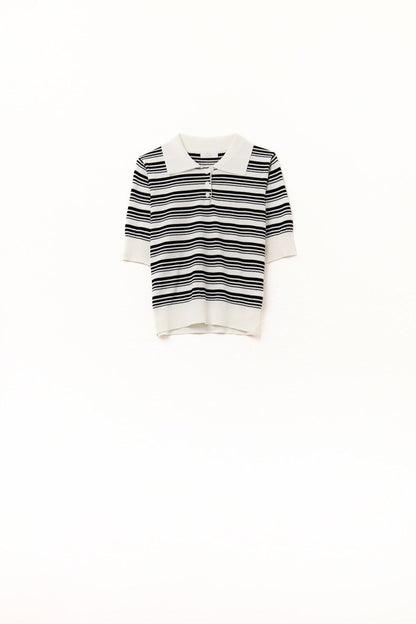 White and Black Striped Sweater With Polo Neck
