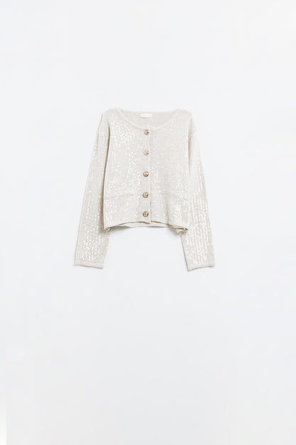 Q2 white chunky knitted cardigan with sequins