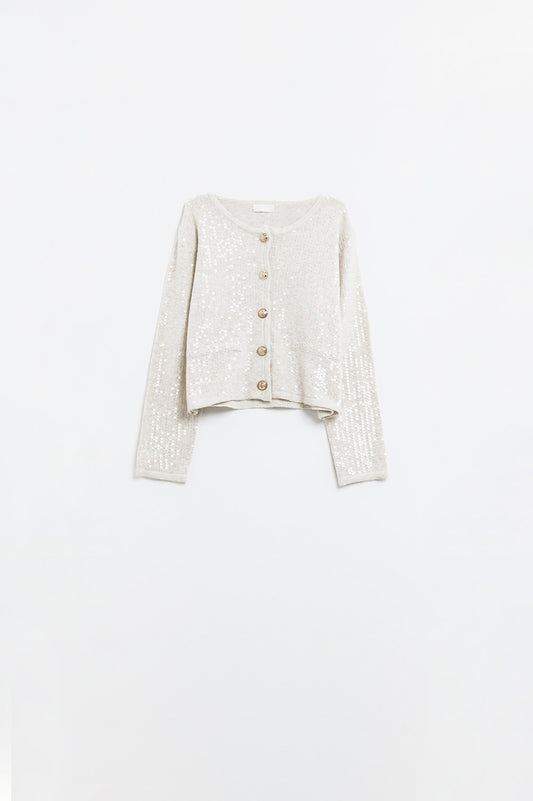 Q2 white chunky knitted cardigan with sequins