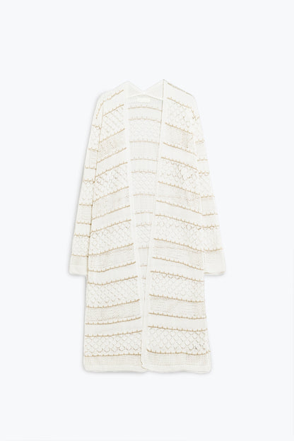 White Crochet Maxi Cardigan With Long Sleeves