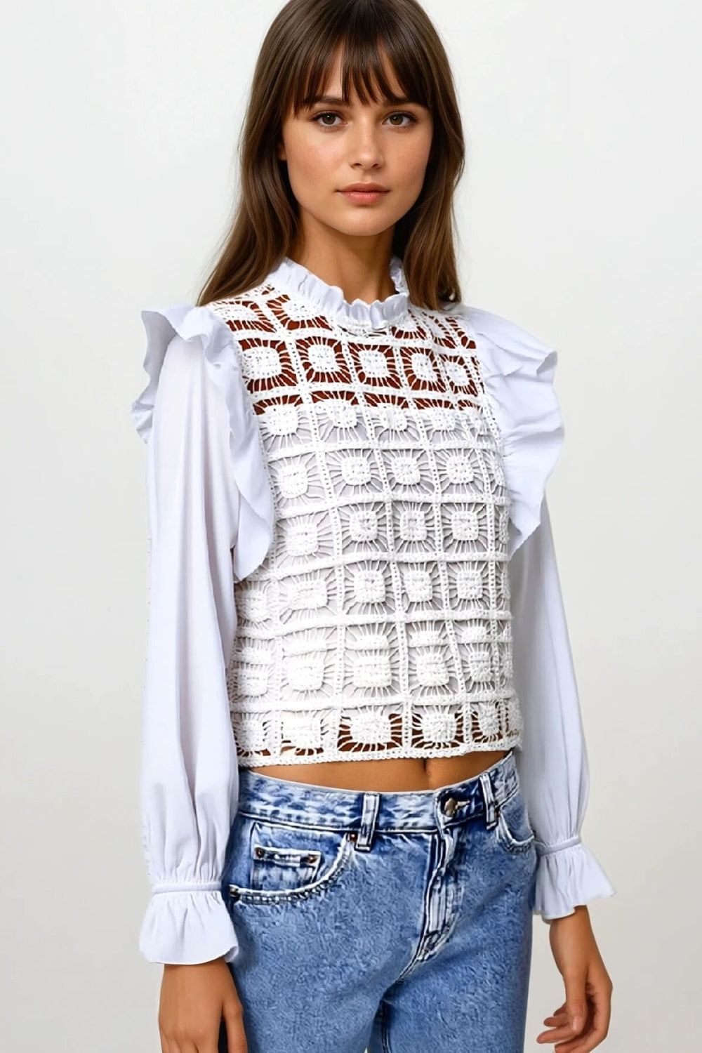 Q2 white Crochet Top with Ruffle Trim and long sleeves