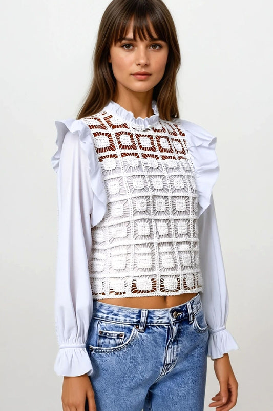 Q2 white Crochet Top with Ruffle Trim and long sleeves