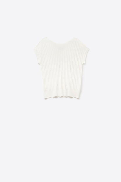 White fine Rib knitted Sweater with boat neck