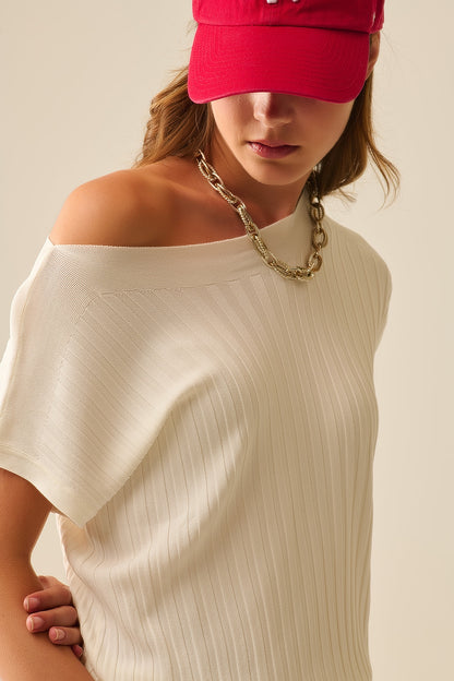 White fine Rib knitted Sweater with boat neck