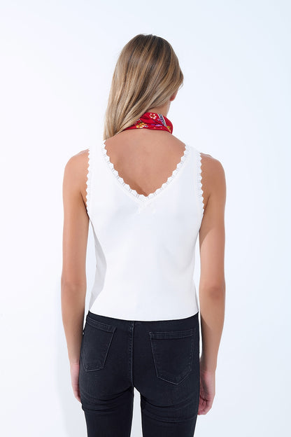 White Knit V-Neck Top with Scalloped Edges