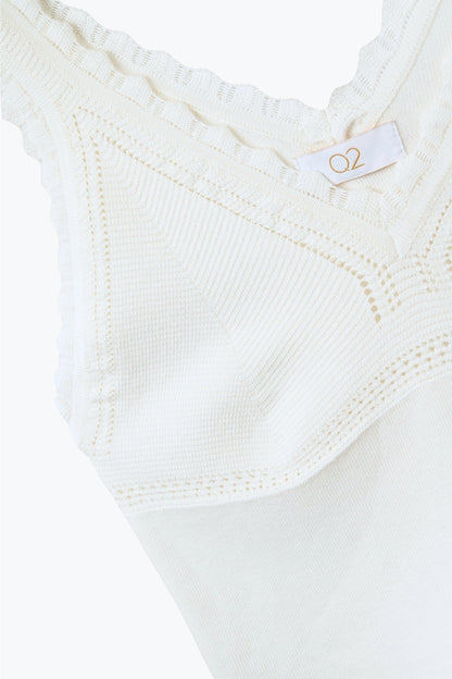White Knit V-Neck Top with Scalloped Edges