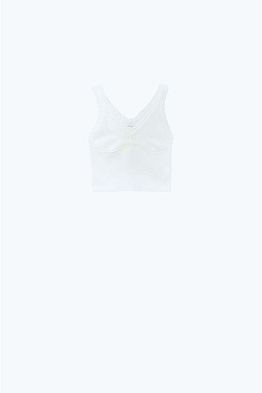 Q2 White Knit V-Neck Top with Scalloped Edges
