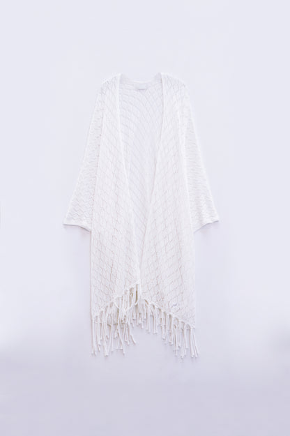 White Open Cardigan With Fringe Ends and 3/4 sleeves