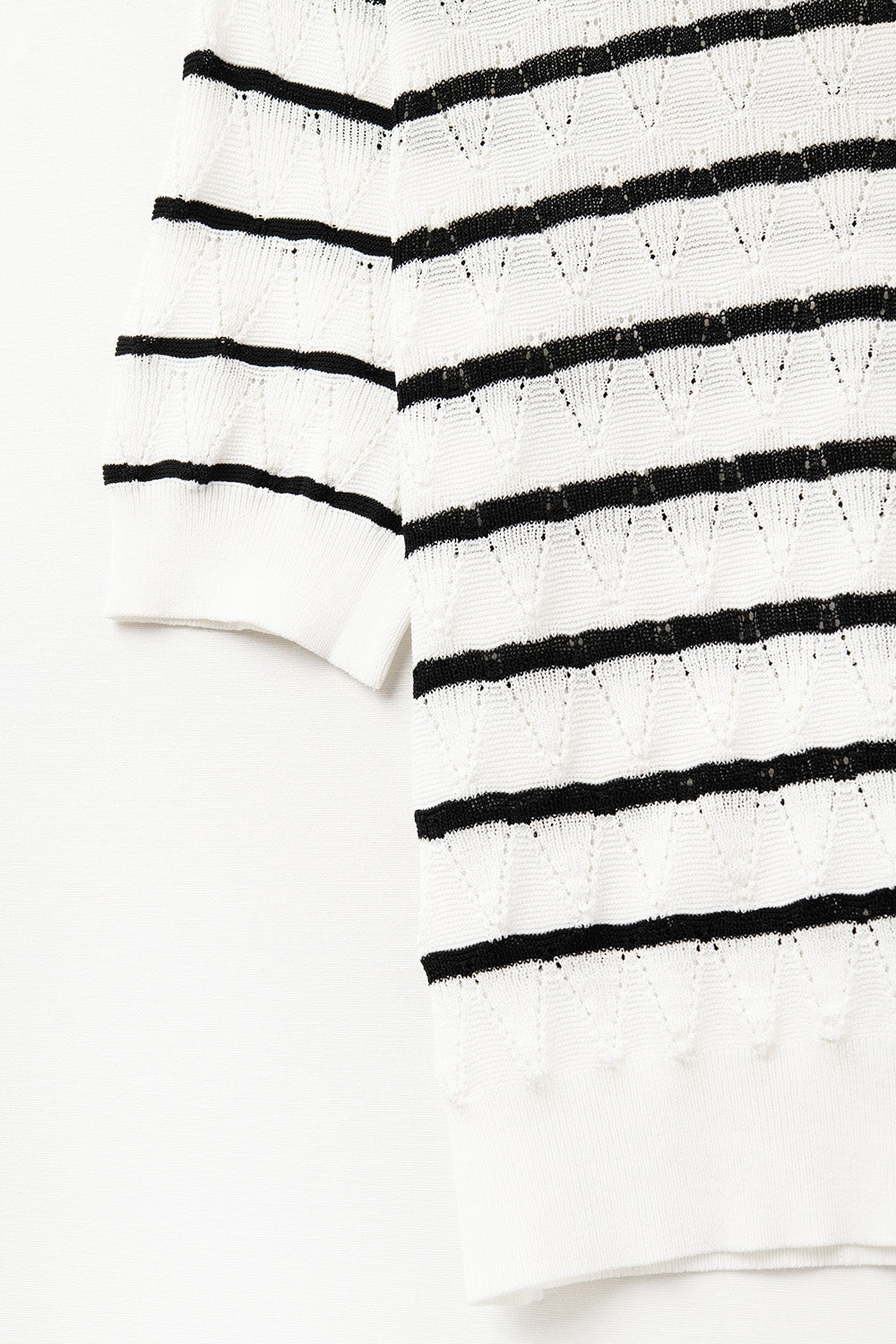 White Openwork Knit Top with Short Sleeves and Black Stripes
