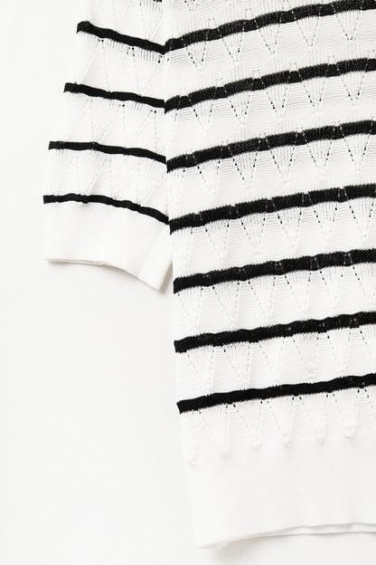 White Openwork Knit Top with Short Sleeves and Black Stripes