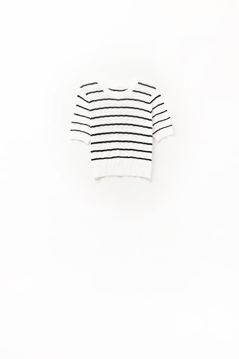 White Openwork Knit Top with Short Sleeves and Black Stripes