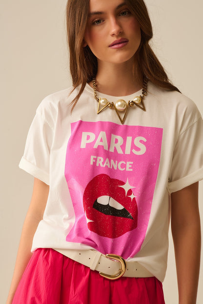Q2 White Relaxed T-shirt With Lip Print made in Italy