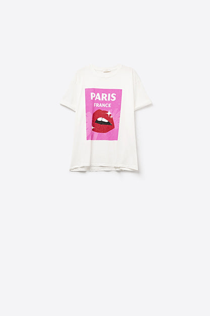 White Relaxed T-shirt With Lip Print made in Italy